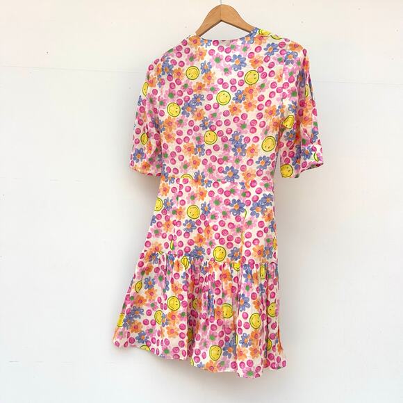 Sandro Paris Smiley Face Flower Linen Mini Dress Size 36 Small 4 Flirty Short - Picture 5 of 9